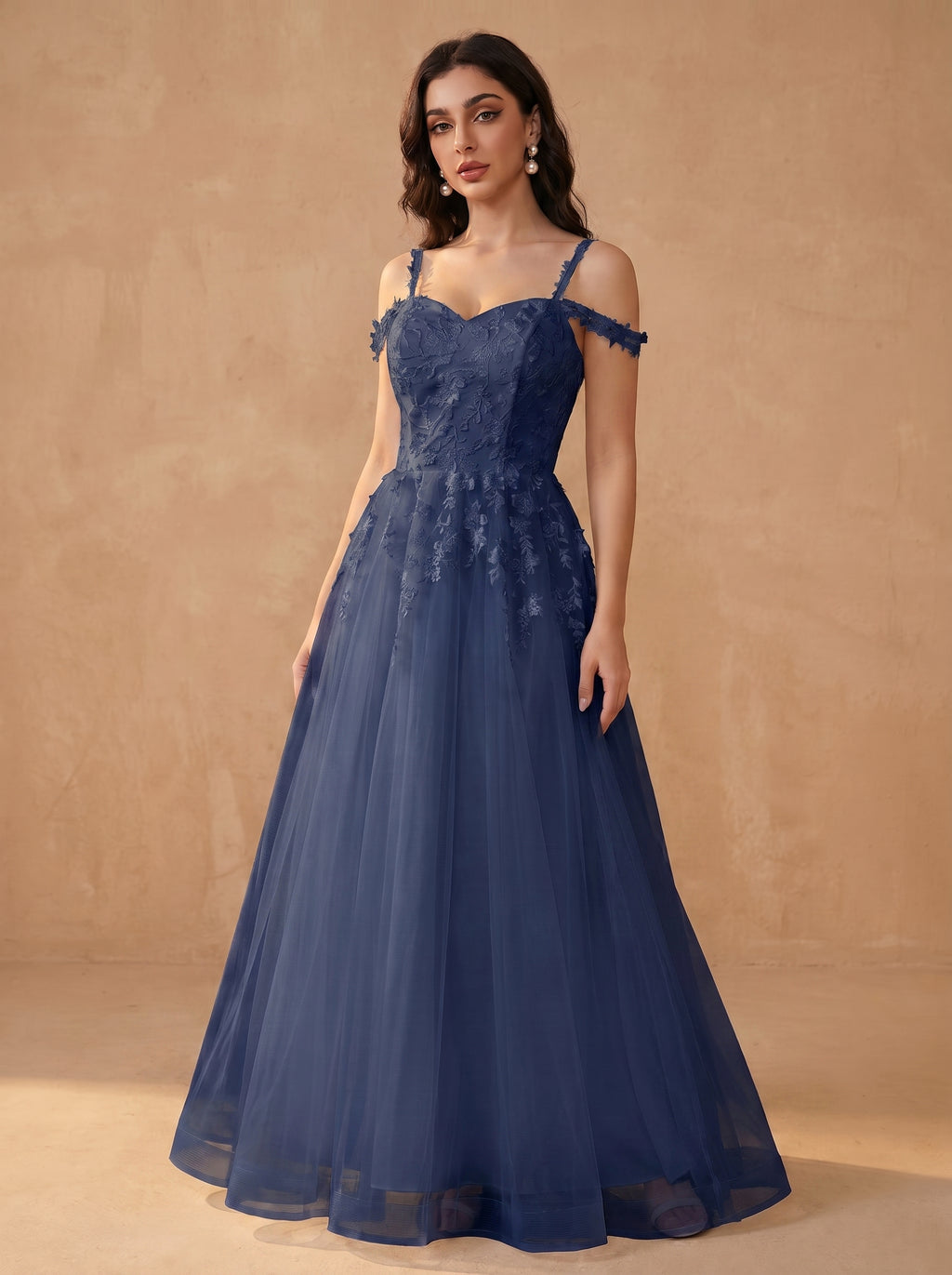 Off-shoulder appliques tulle prom dress