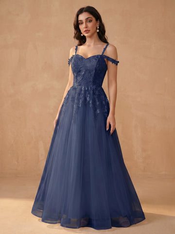 Off-shoulder appliques tulle prom dress