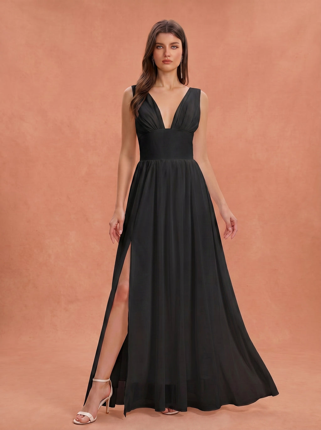 Ruched bust side slit Chiffon bridesmaid dress