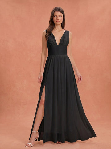 Ruched bust side slit Chiffon bridesmaid dress