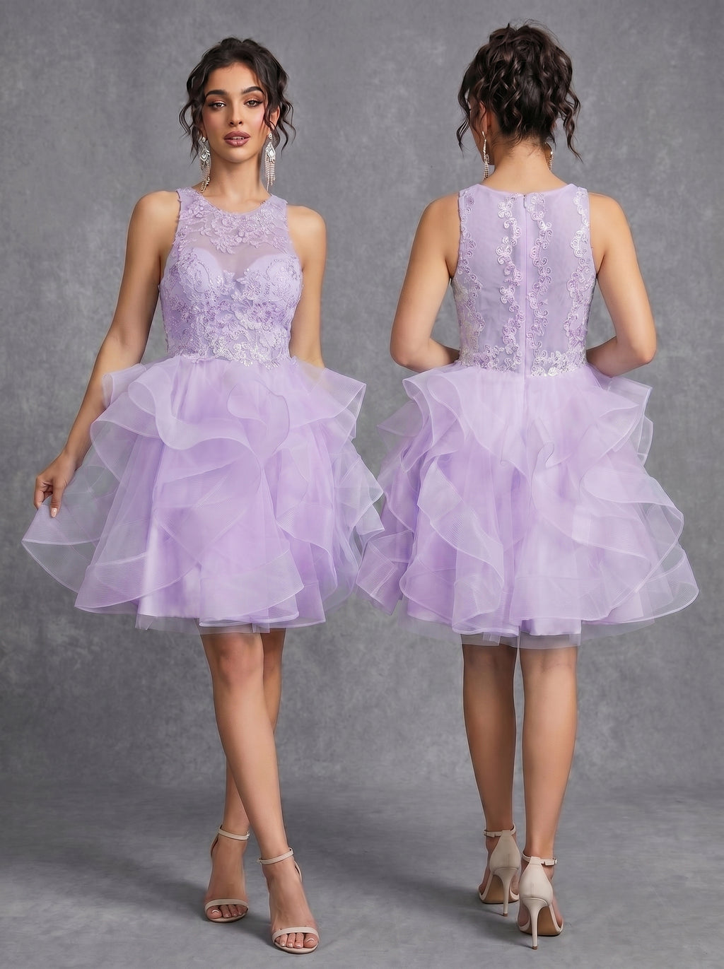 Irregular skirt layered sequins appliques tulle prom dress