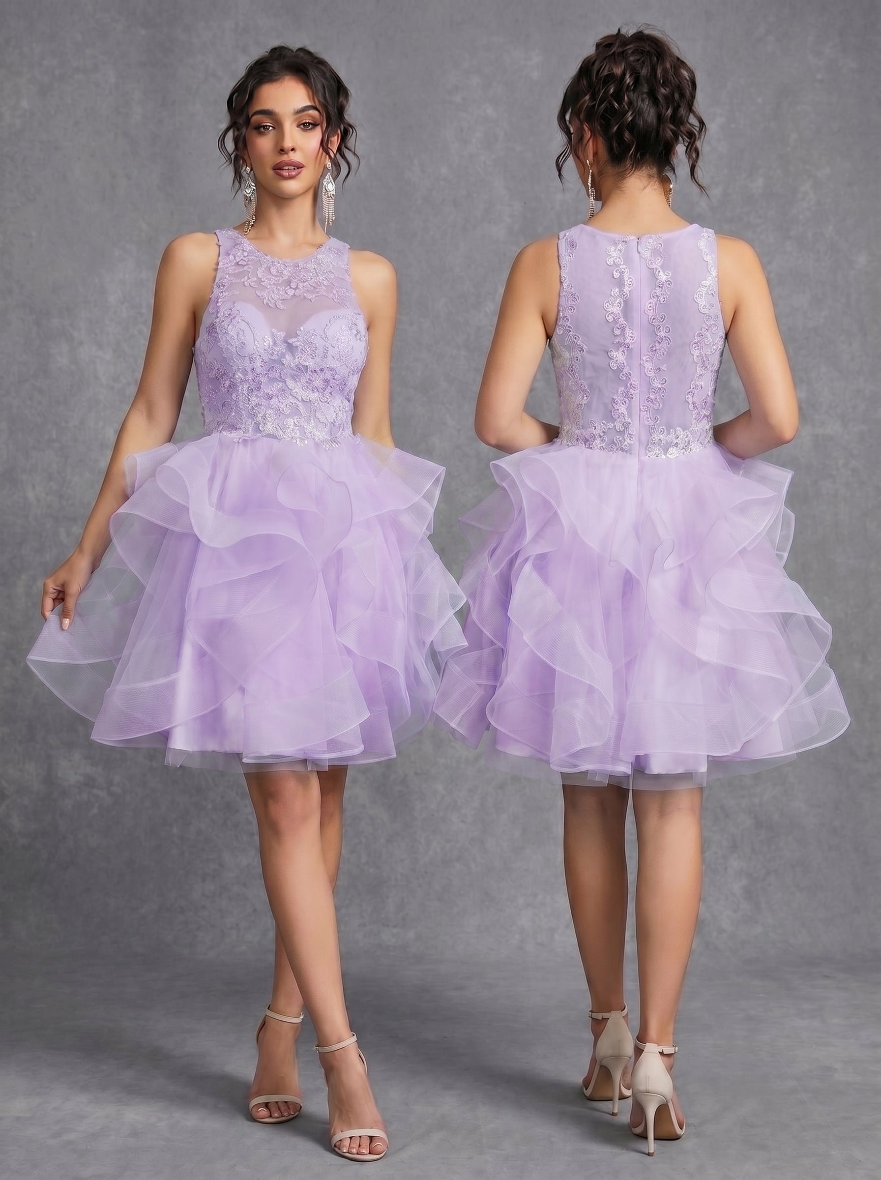 Irregular skirt layered sequins appliques tulle prom dress