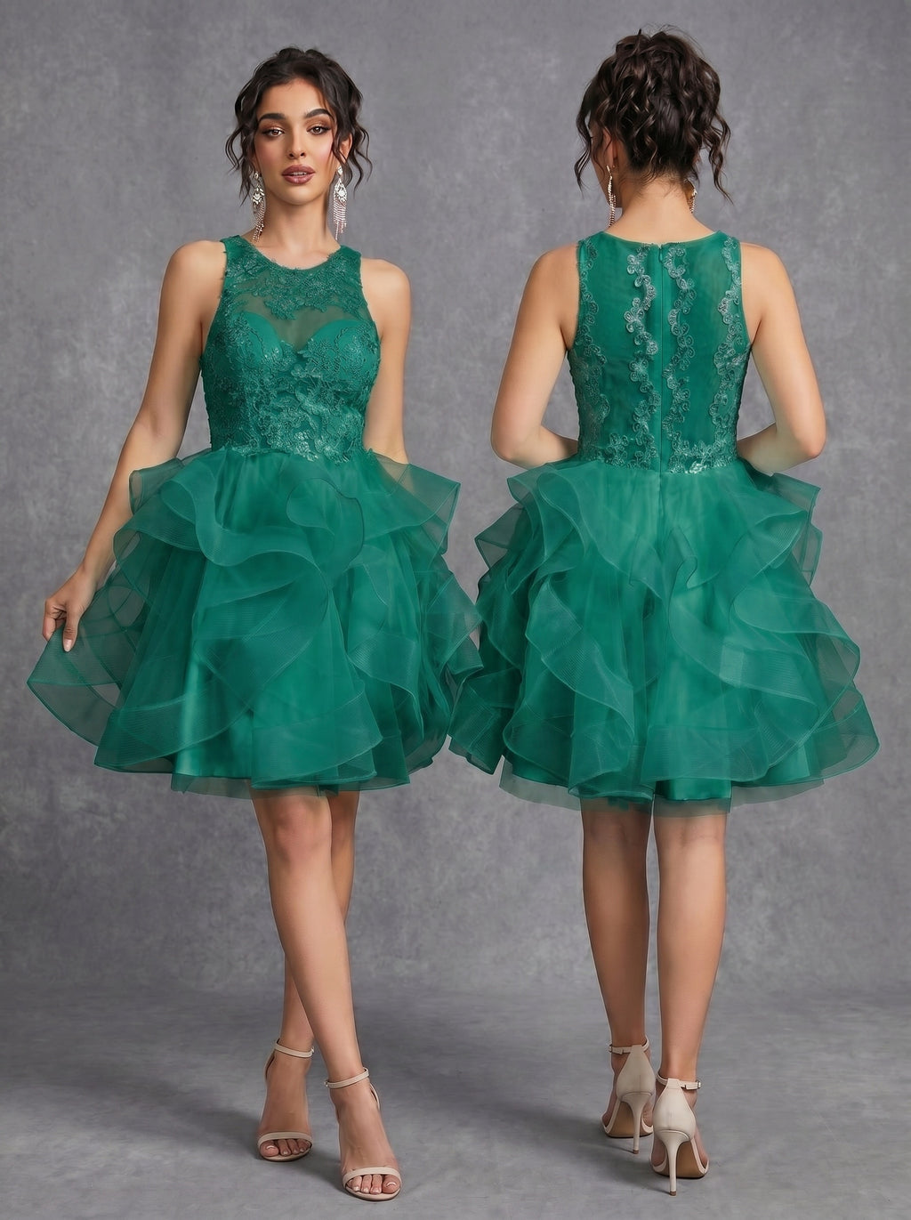 Irregular skirt layered sequins appliques tulle prom dress