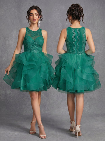 Irregular skirt layered sequins appliques tulle prom dress