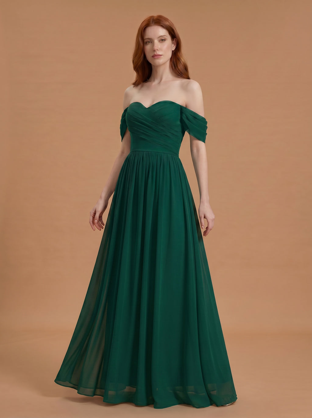 Off shoulder ruched bust Chiffon bridesmaid dress