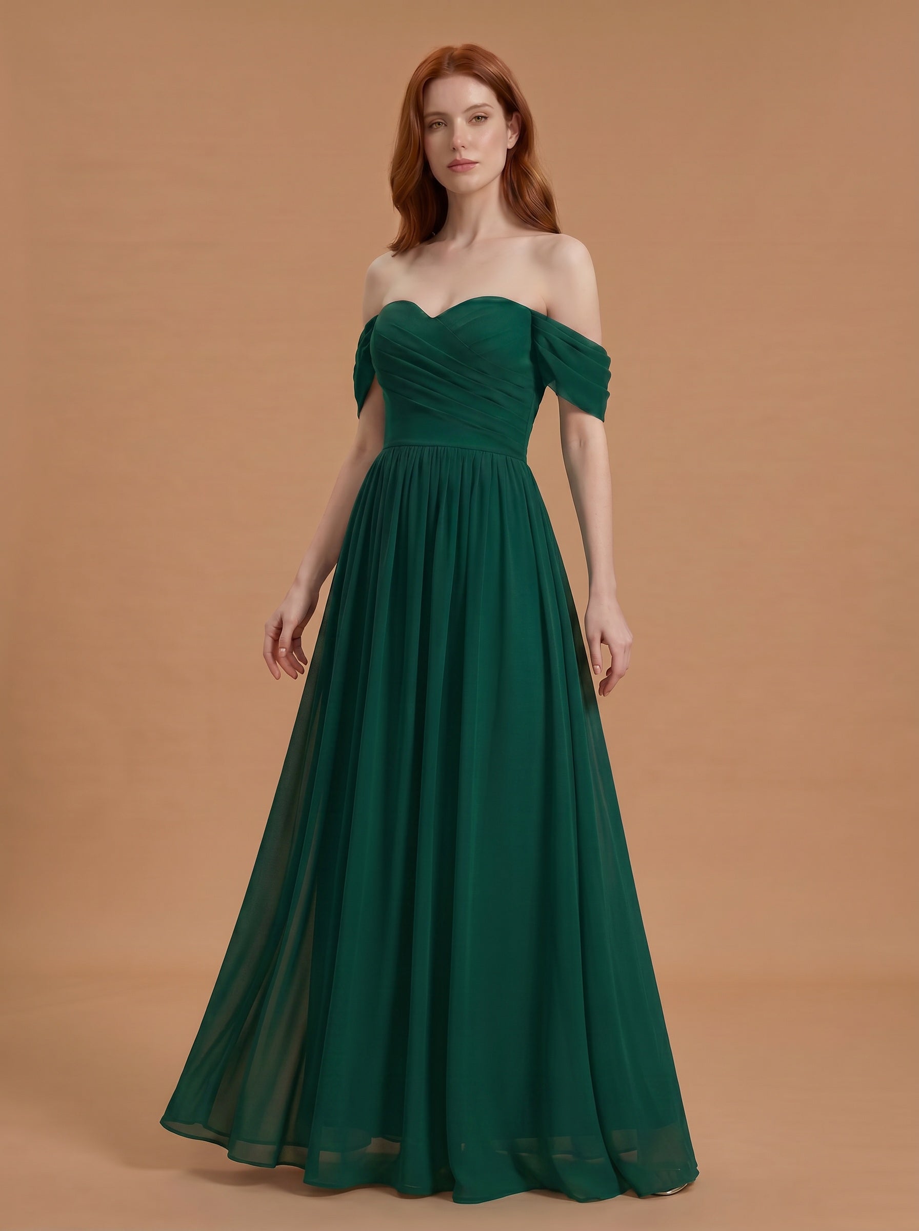 Off shoulder ruched bust Chiffon bridesmaid dress