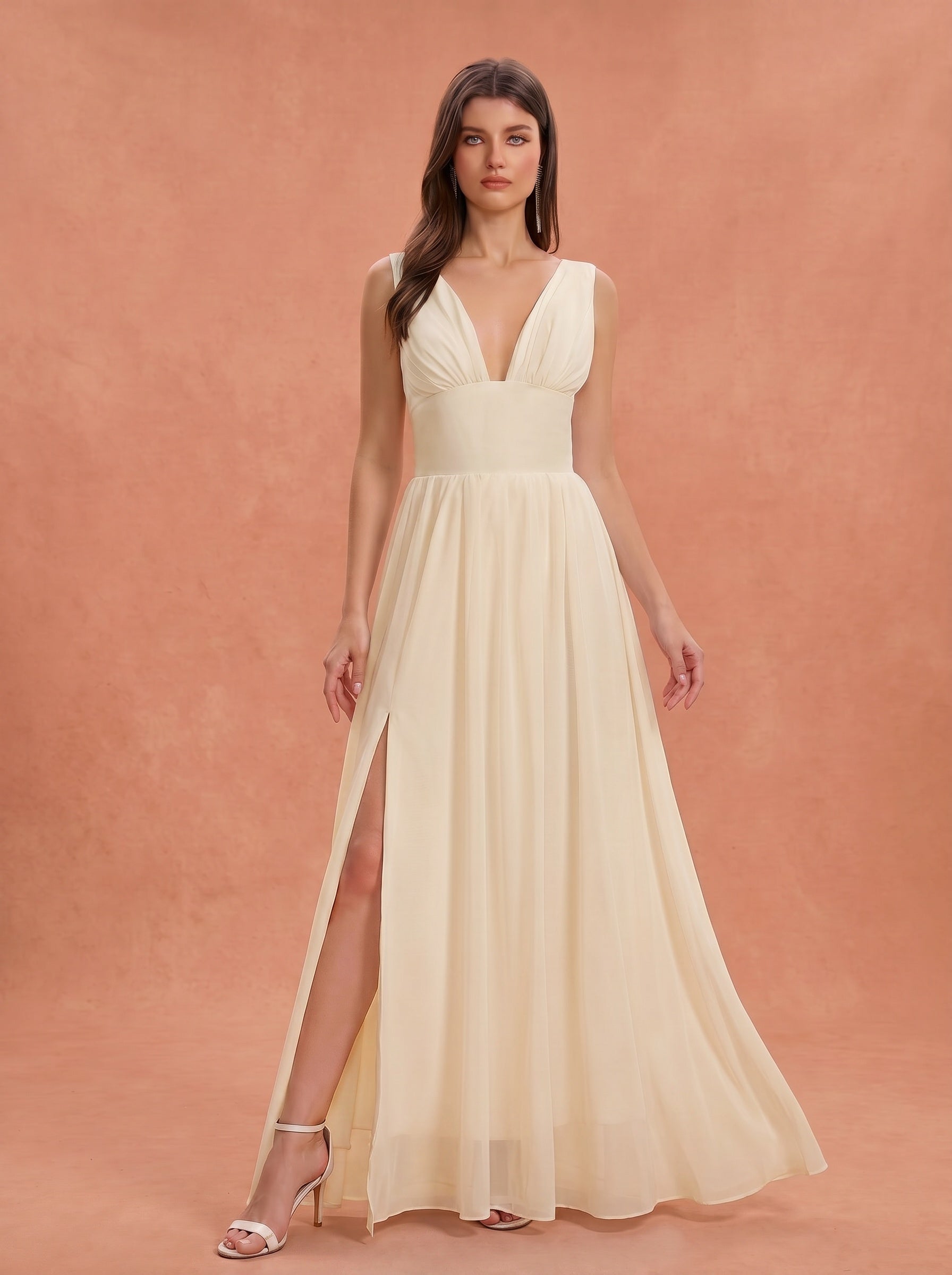 Ruched bust side slit Chiffon bridesmaid dress
