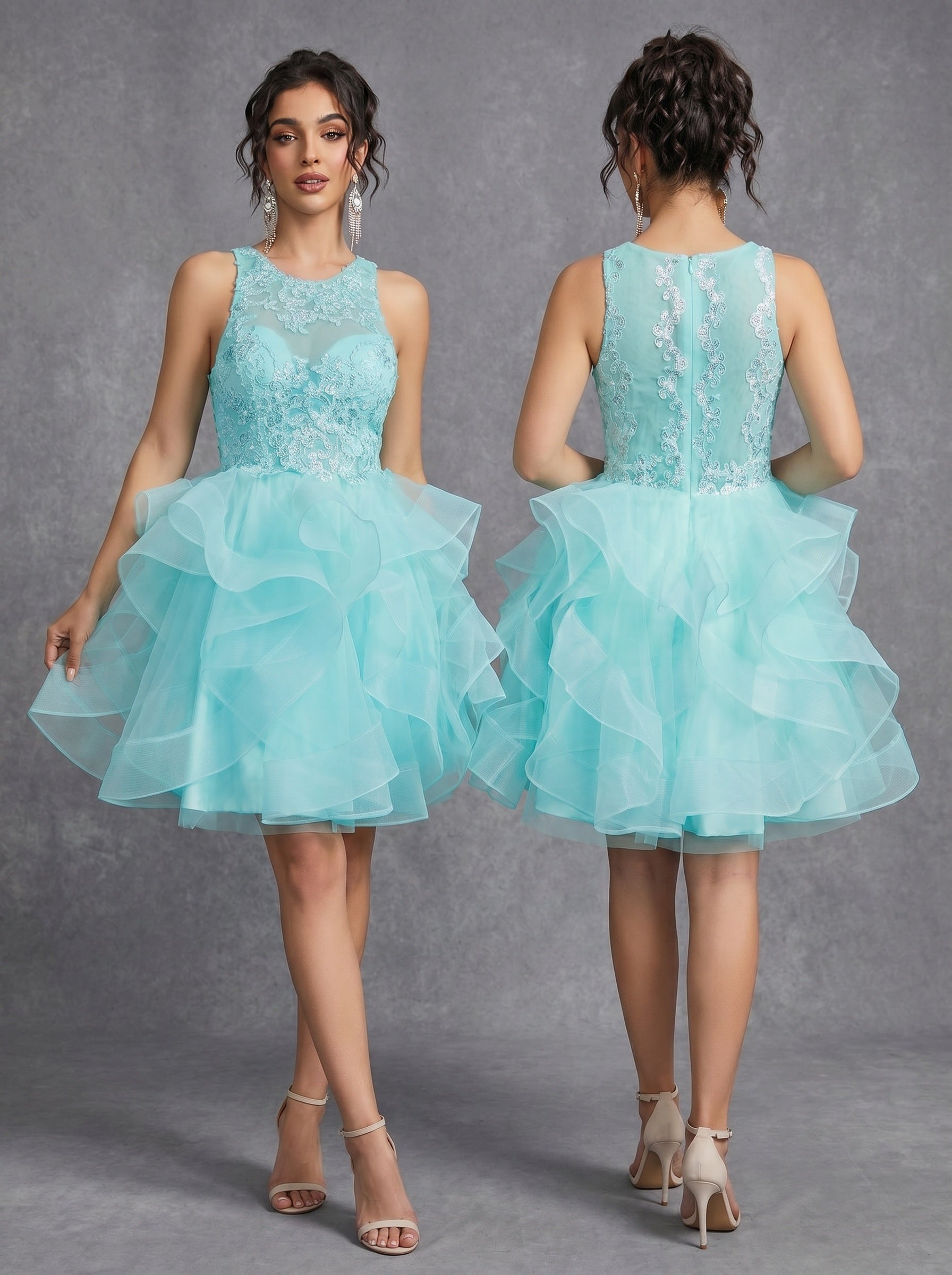 Irregular skirt layered sequins appliques tulle prom dress
