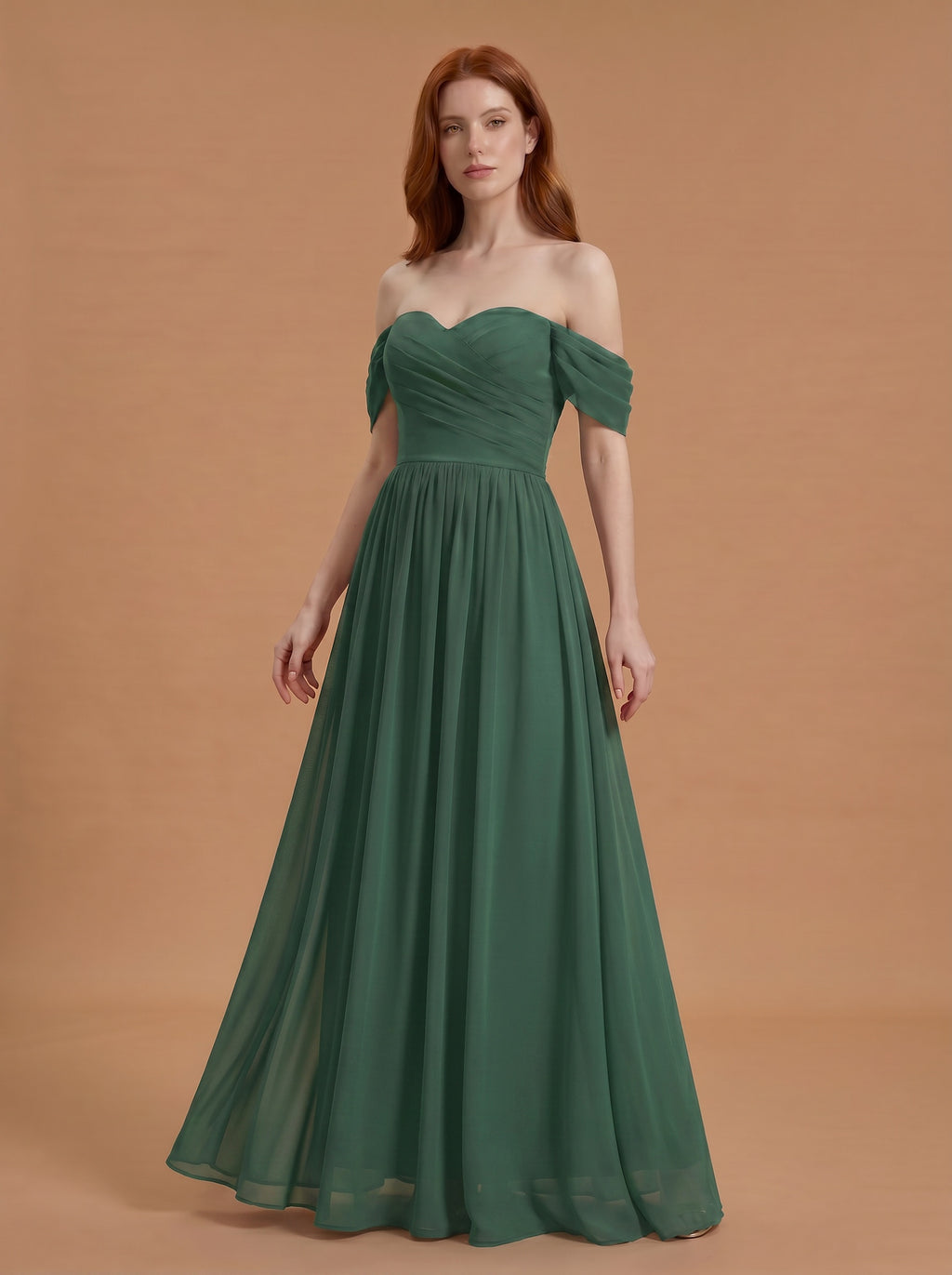 Off shoulder ruched bust Chiffon bridesmaid dress