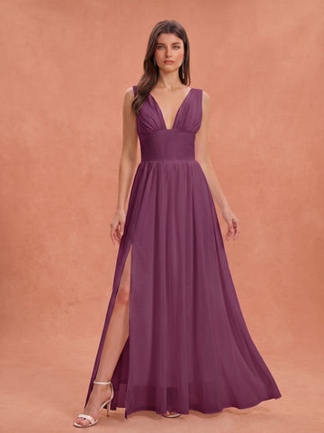Ruched bust side slit Chiffon bridesmaid dress