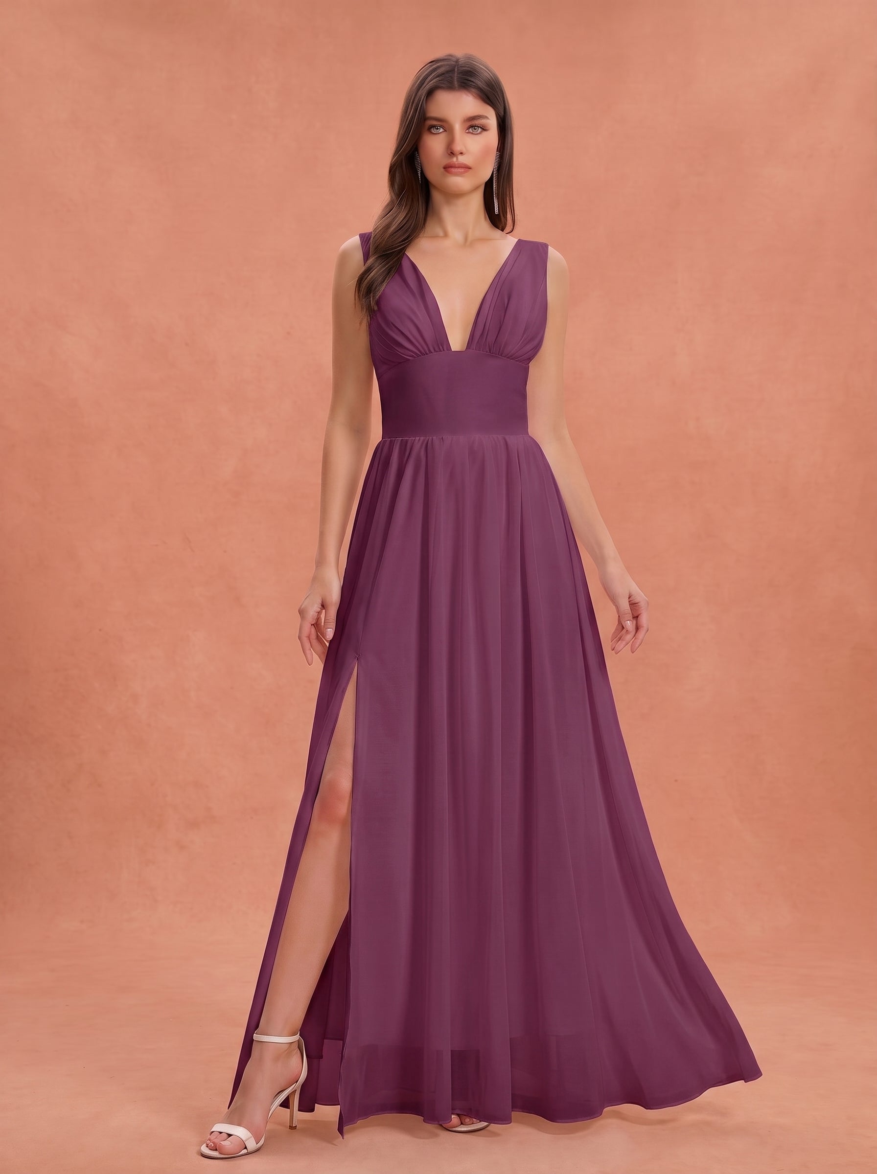 Ruched bust side slit Chiffon bridesmaid dress
