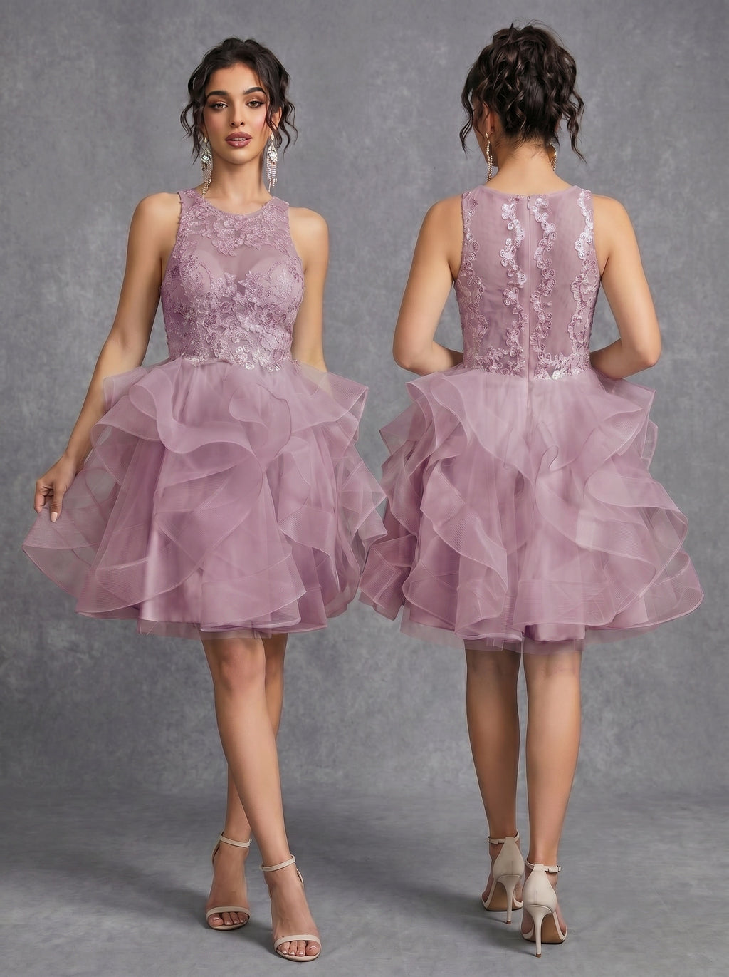 Irregular skirt layered sequins appliques tulle prom dress