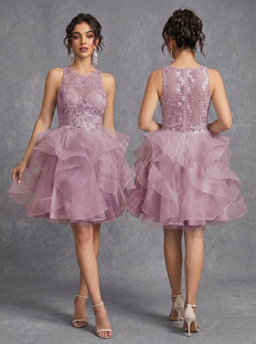 Irregular skirt layered sequins appliques tulle prom dress