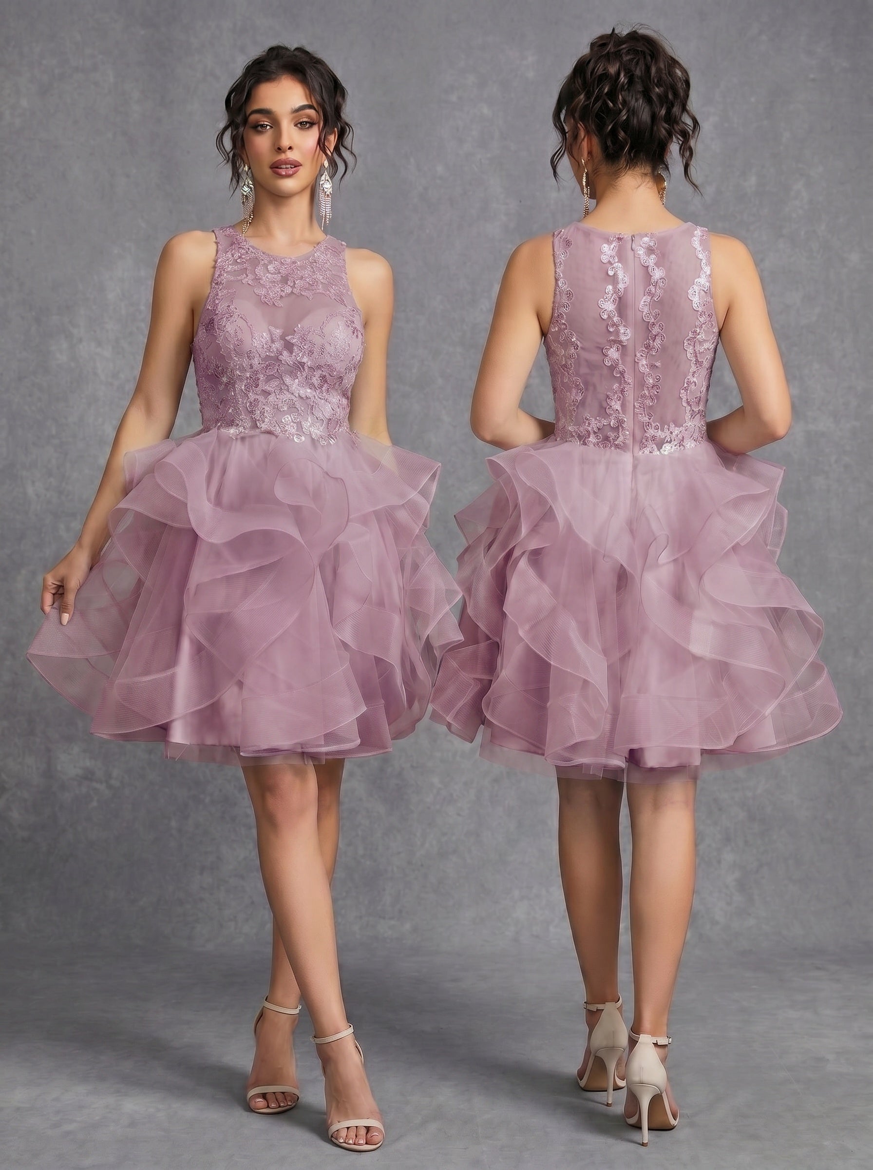 Irregular skirt layered sequins appliques tulle prom dress