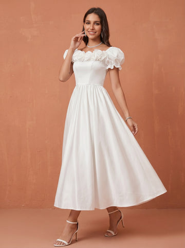 Three dimensional rose embellished bubble sleeve wedding dress