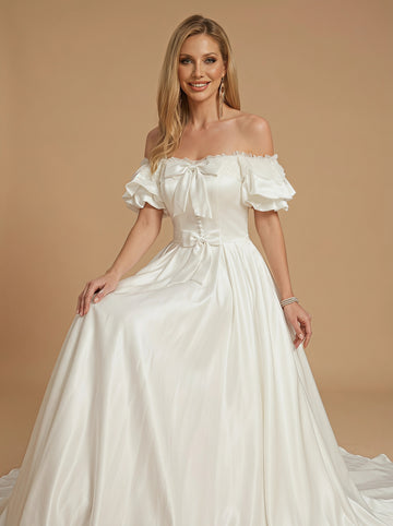 Lace&bow satin wedding dress with trailing