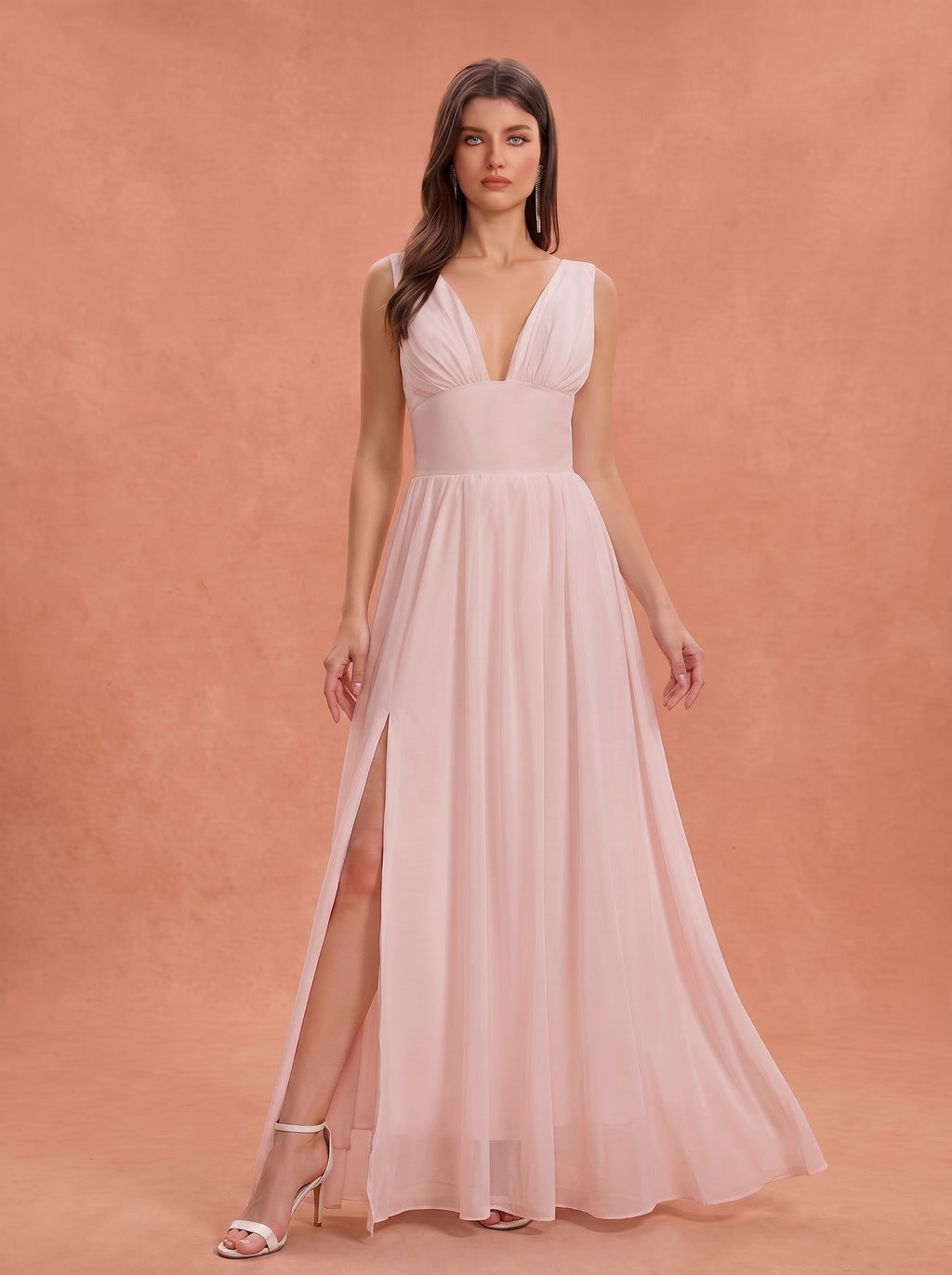 Ruched bust side slit Chiffon bridesmaid dress