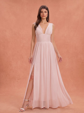 Ruched bust side slit Chiffon bridesmaid dress