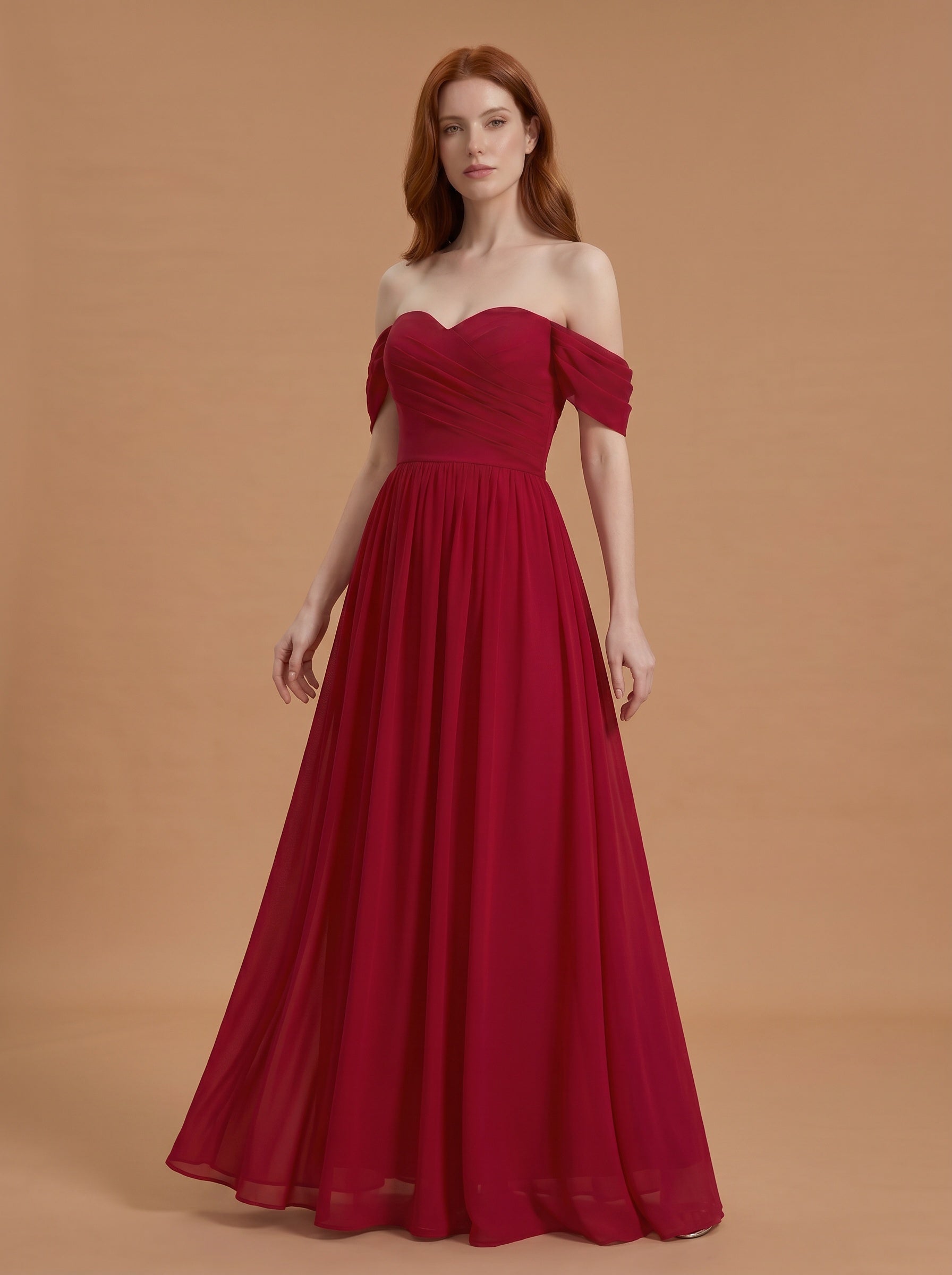 Off shoulder ruched bust Chiffon bridesmaid dress