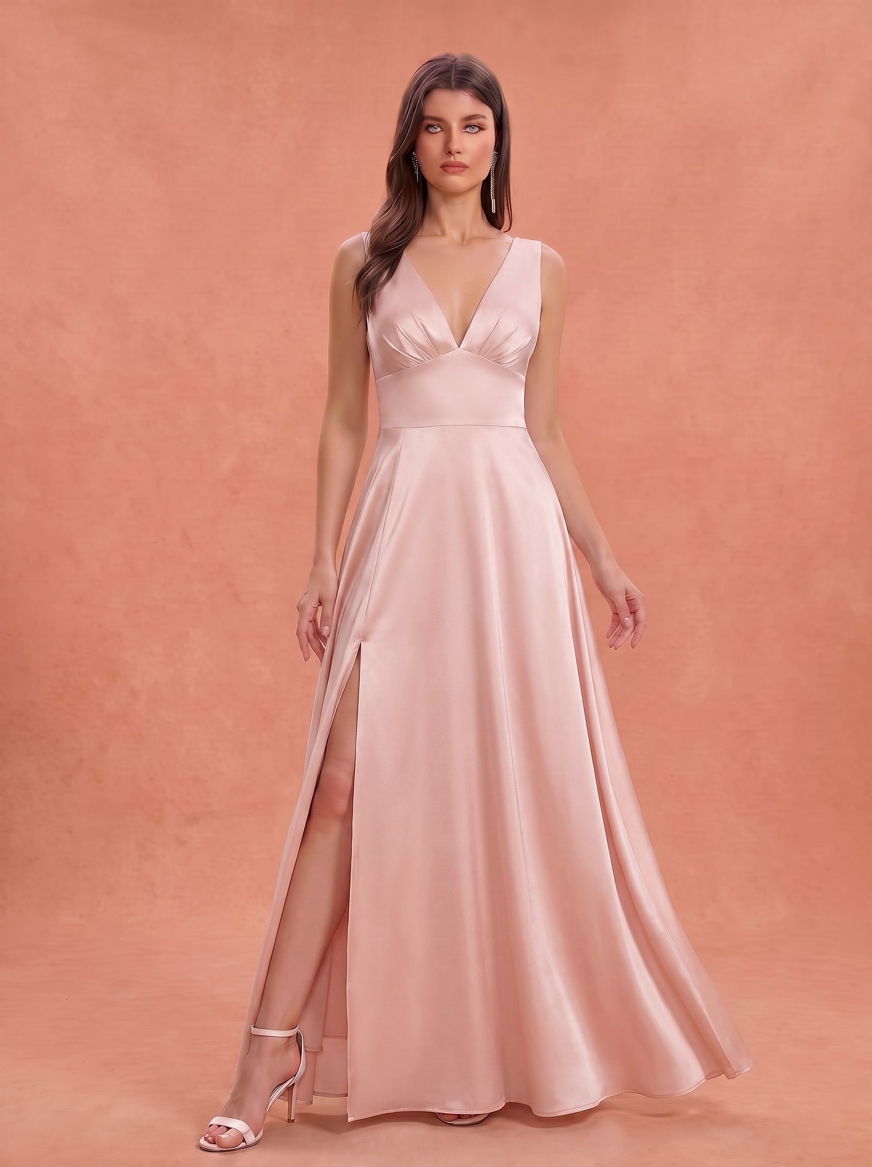 Ruched bust side slit satin bridesmaid / guest dress