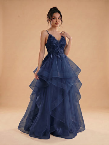 Irregular sequins appliques tulle prom dress