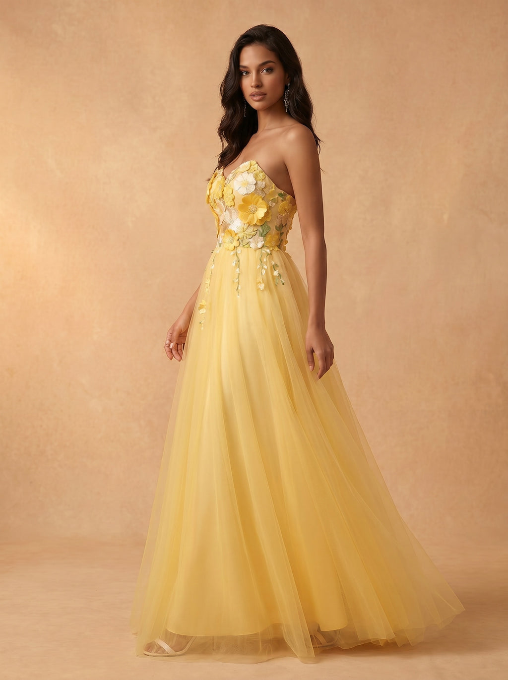 Sunflower appliques tulle prom dress