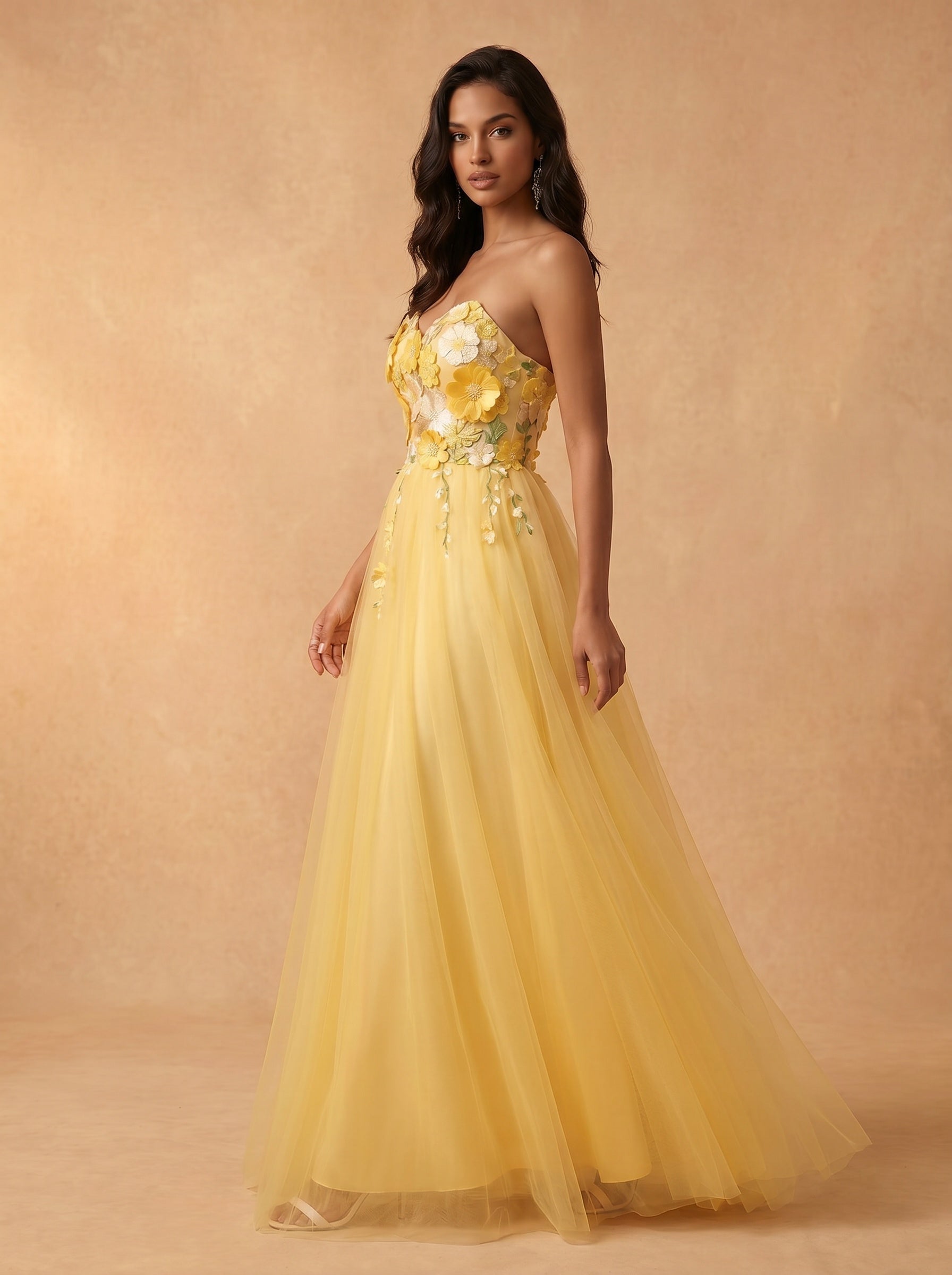 Sunflower appliques tulle prom dress