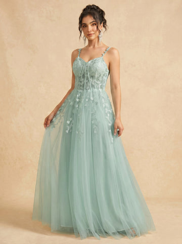 Leaves appliques tulle prom dress