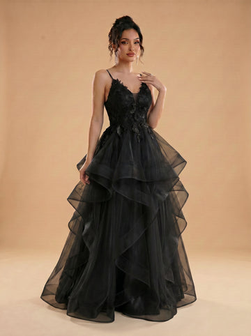 Irregular sequins appliques tulle prom dress