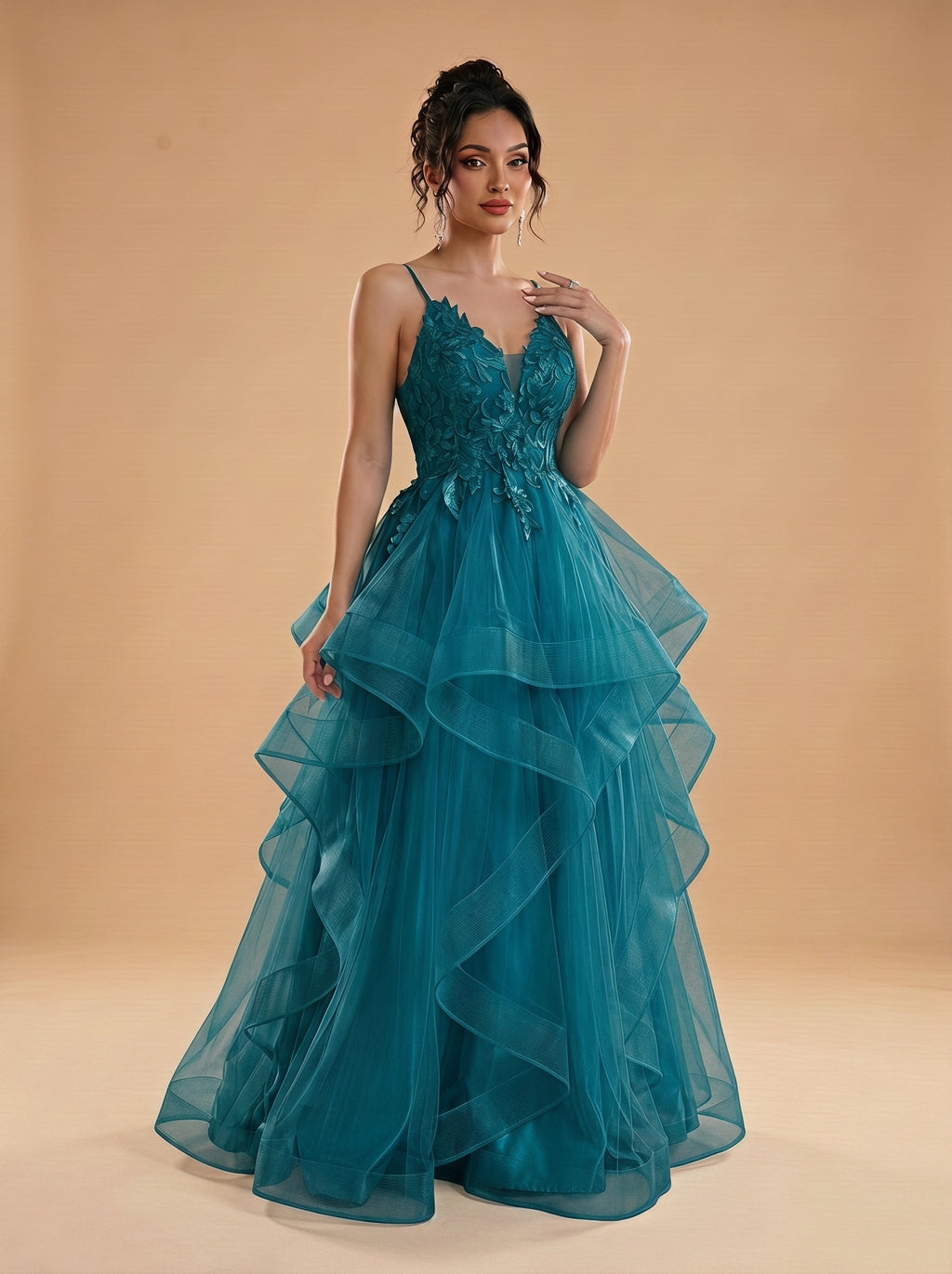 Irregular sequins appliques tulle prom dress