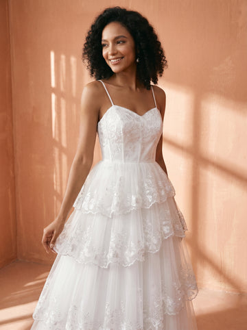 Lace & sequins appliques long wedding dress