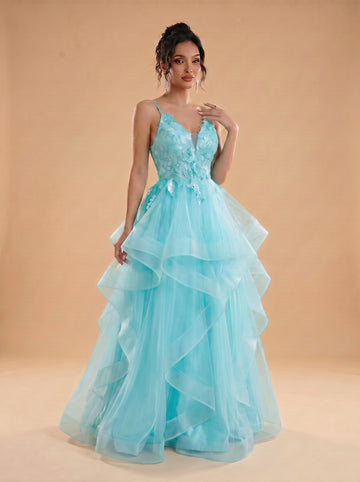 Irregular sequins appliques tulle prom dress