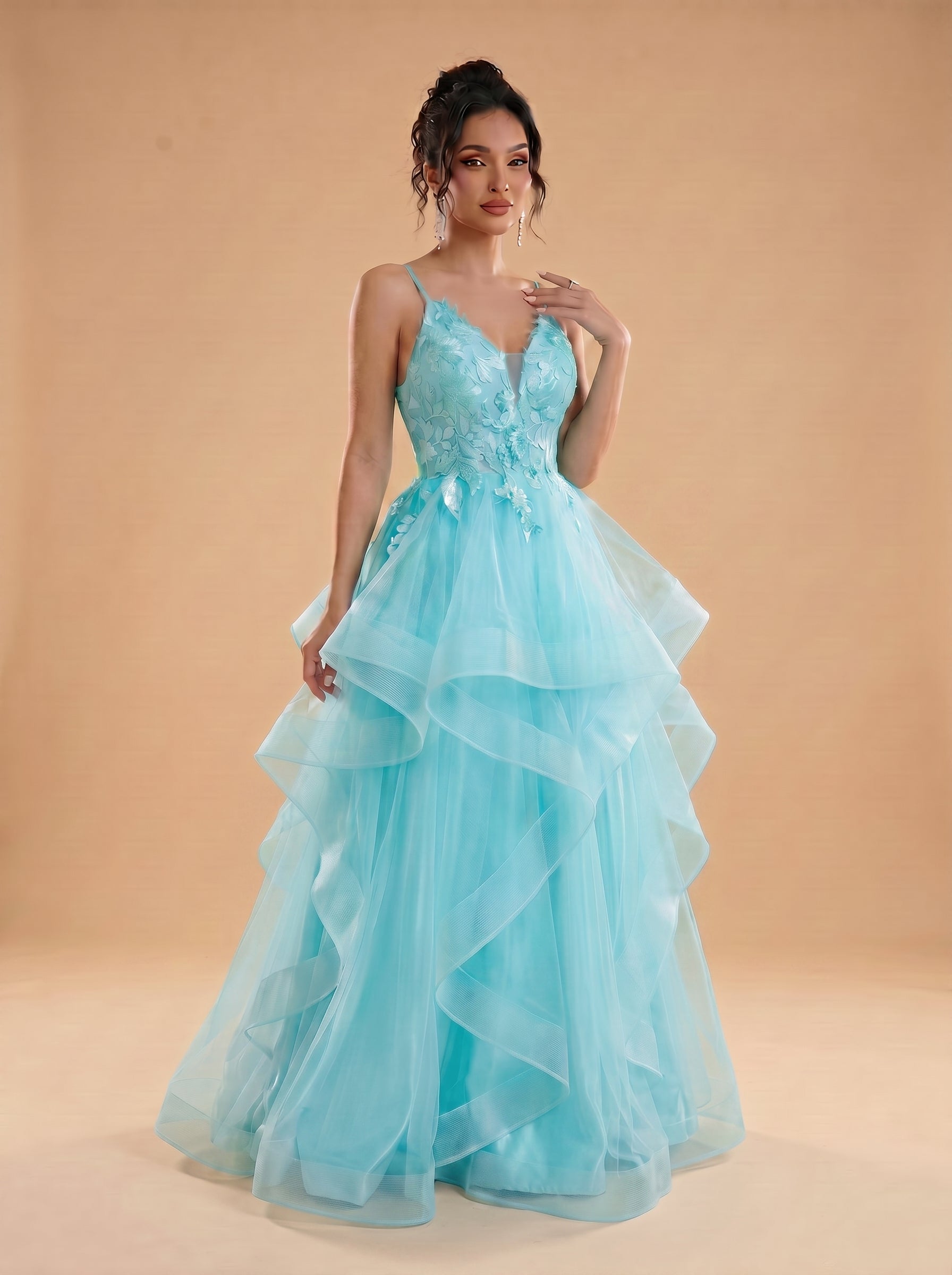 Irregular sequins appliques tulle prom dress