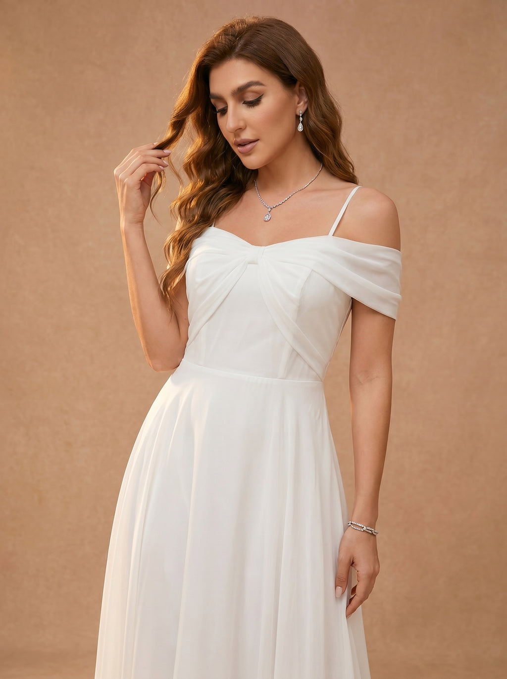 Bow shaped off the shoulder Chiffon bridesmaid dress