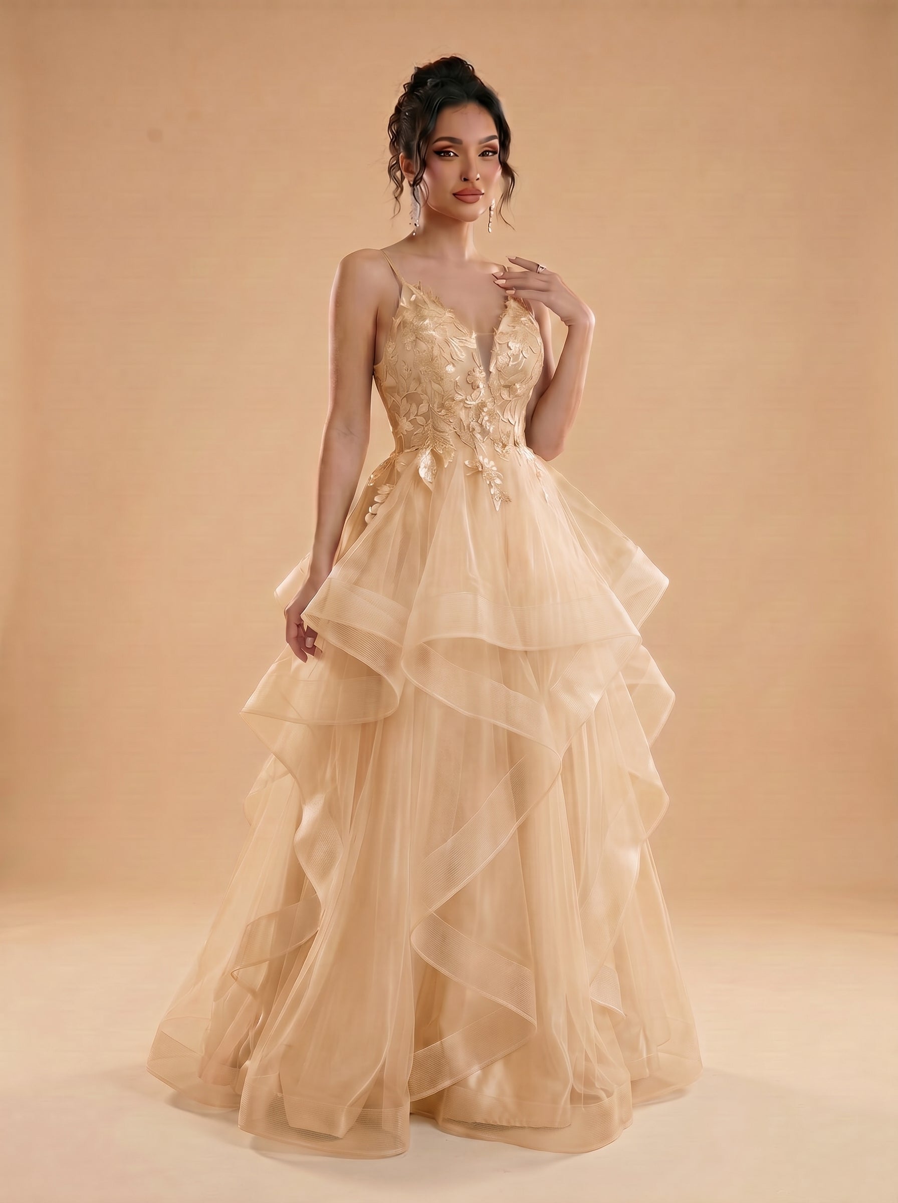 Irregular sequins appliques tulle prom dress