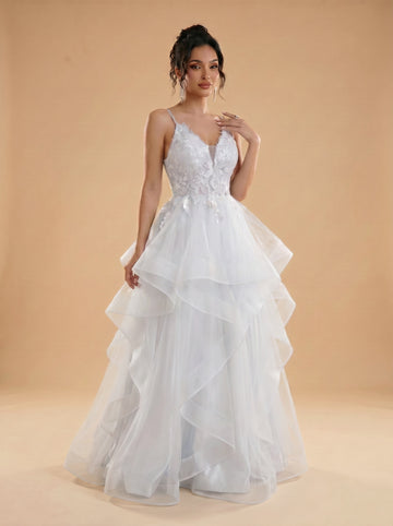 Irregular sequins appliques tulle prom dress
