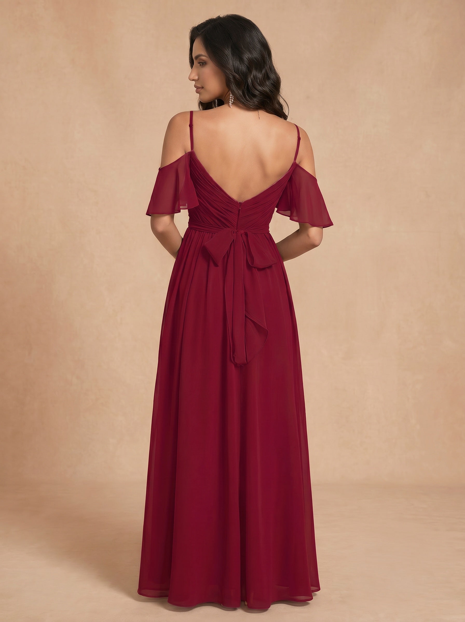 Ruched bust spaghetti strap side slit Chiffon bridesmaid dress