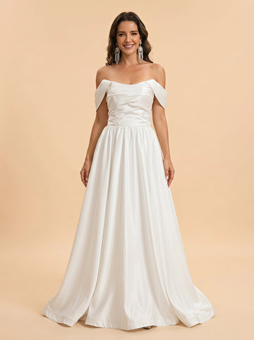 Ruched bust satin off-shoulder wedding dress