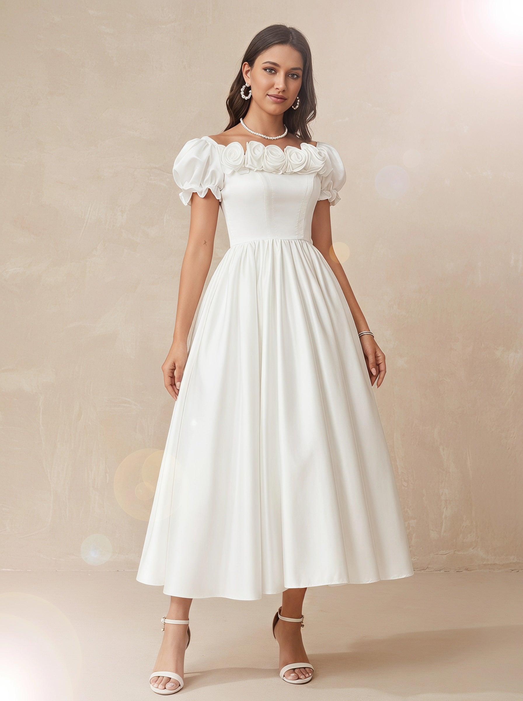 Three dimensional rose embellished bubble sleeve wedding dress