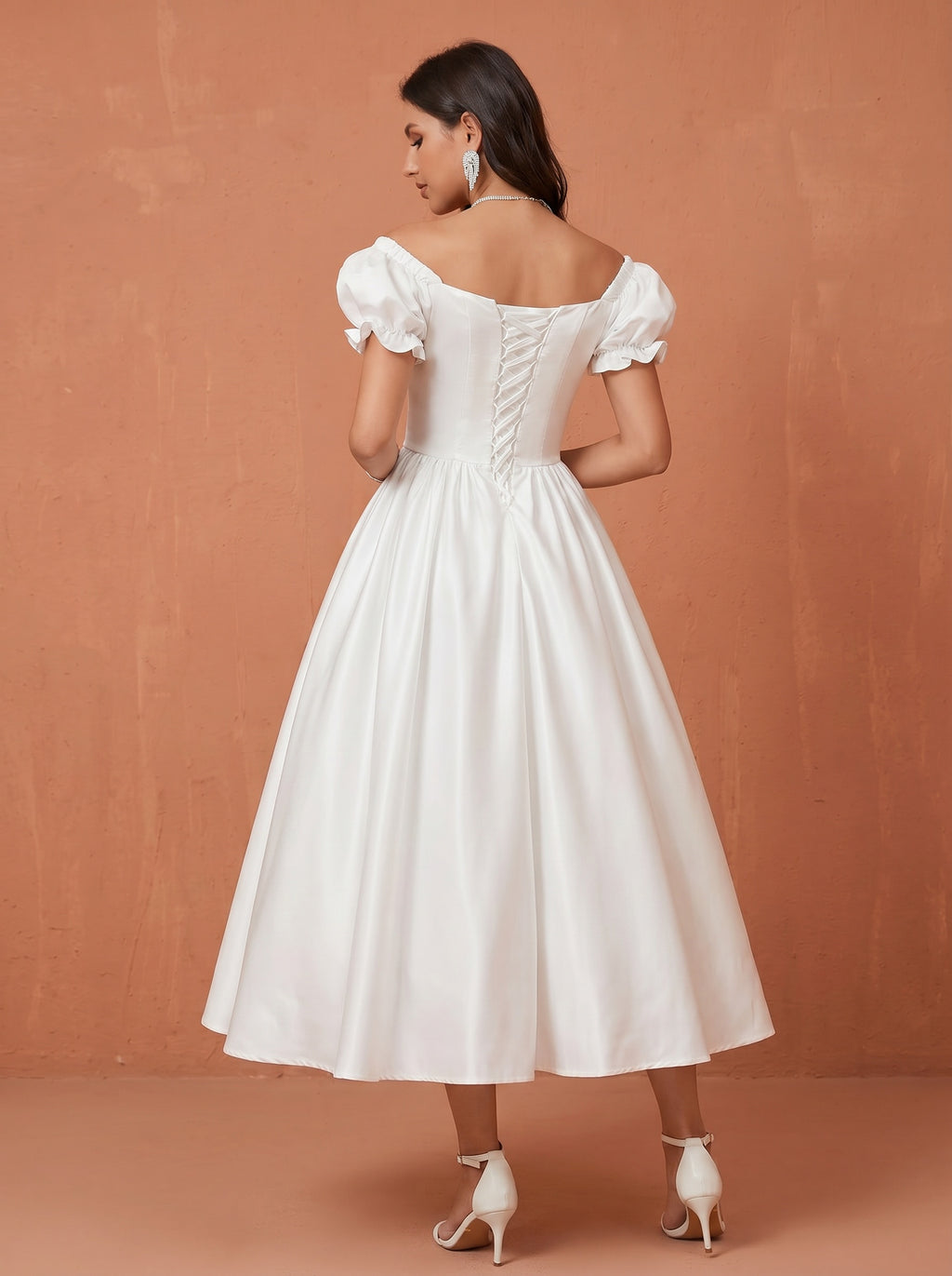 Three dimensional rose embellished bubble sleeve wedding dress