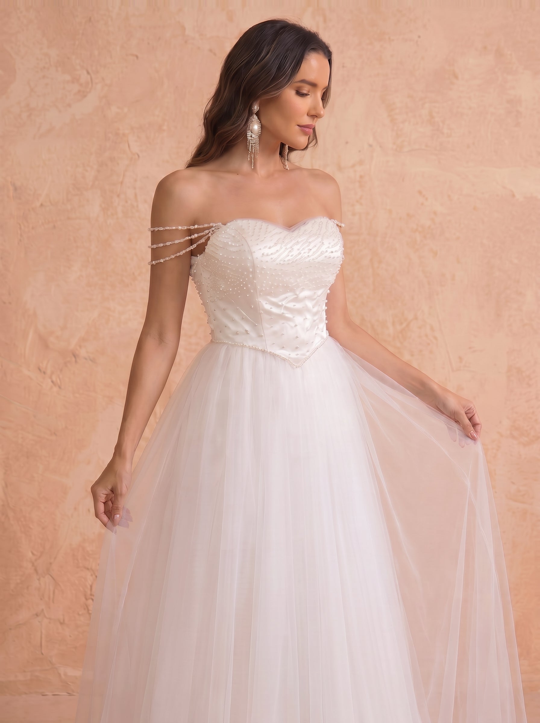 handmade imitation pearl long wedding dress