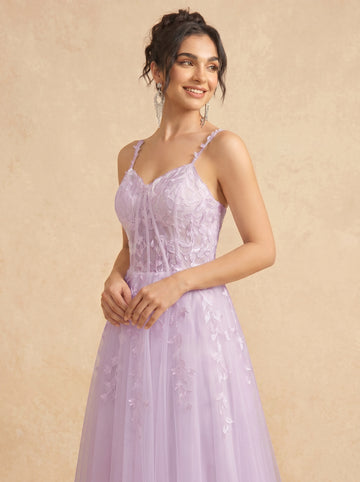 Leaves appliques tulle prom dress