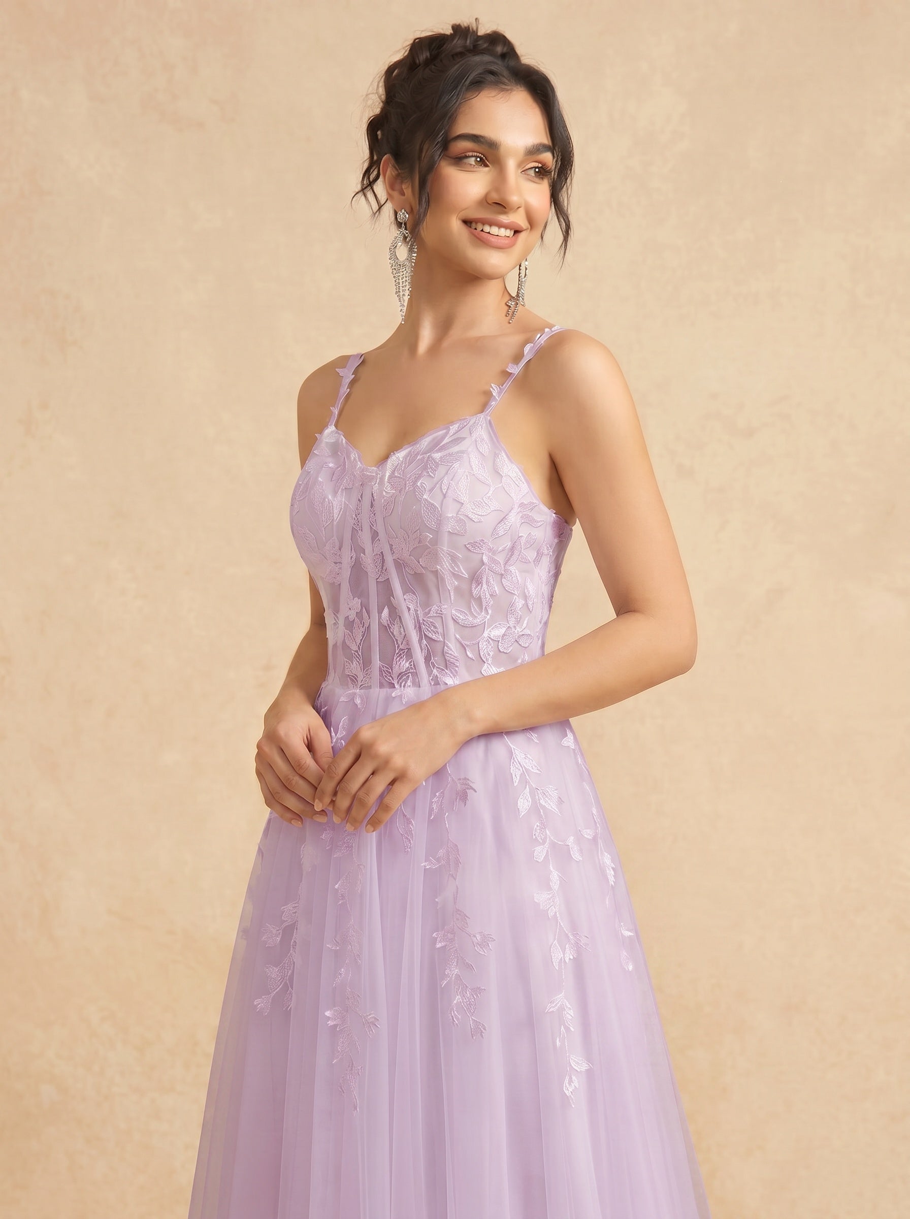 Leaves appliques tulle prom dress