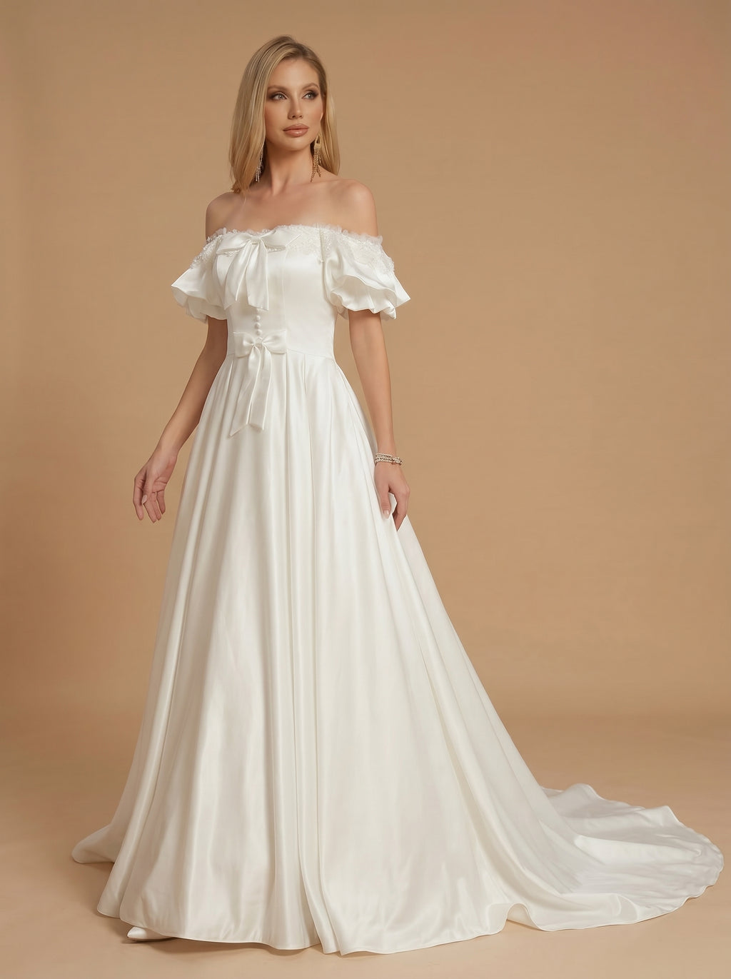 Lace&bow satin wedding dress with trailing