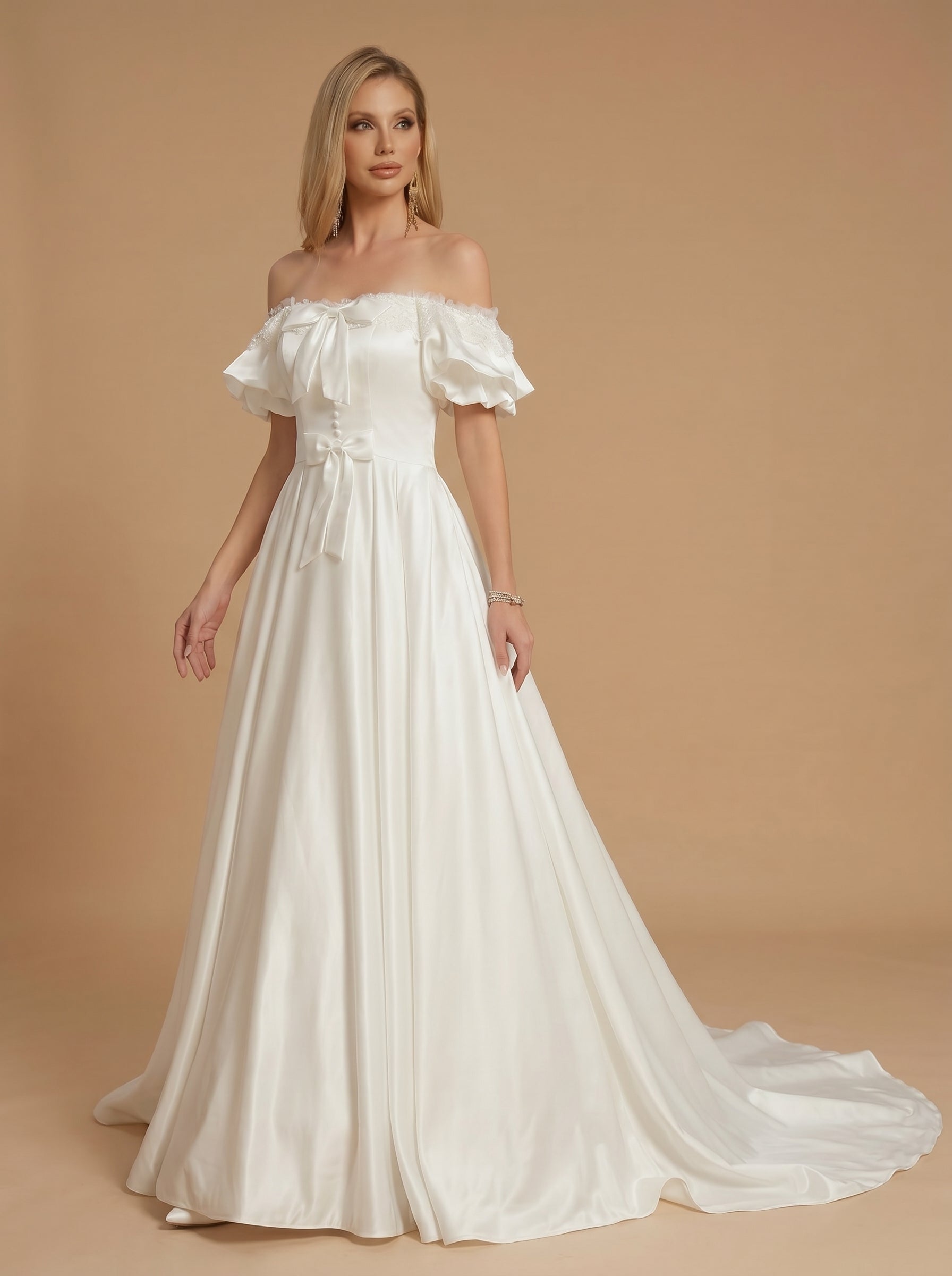 Lace&bow satin wedding dress with trailing