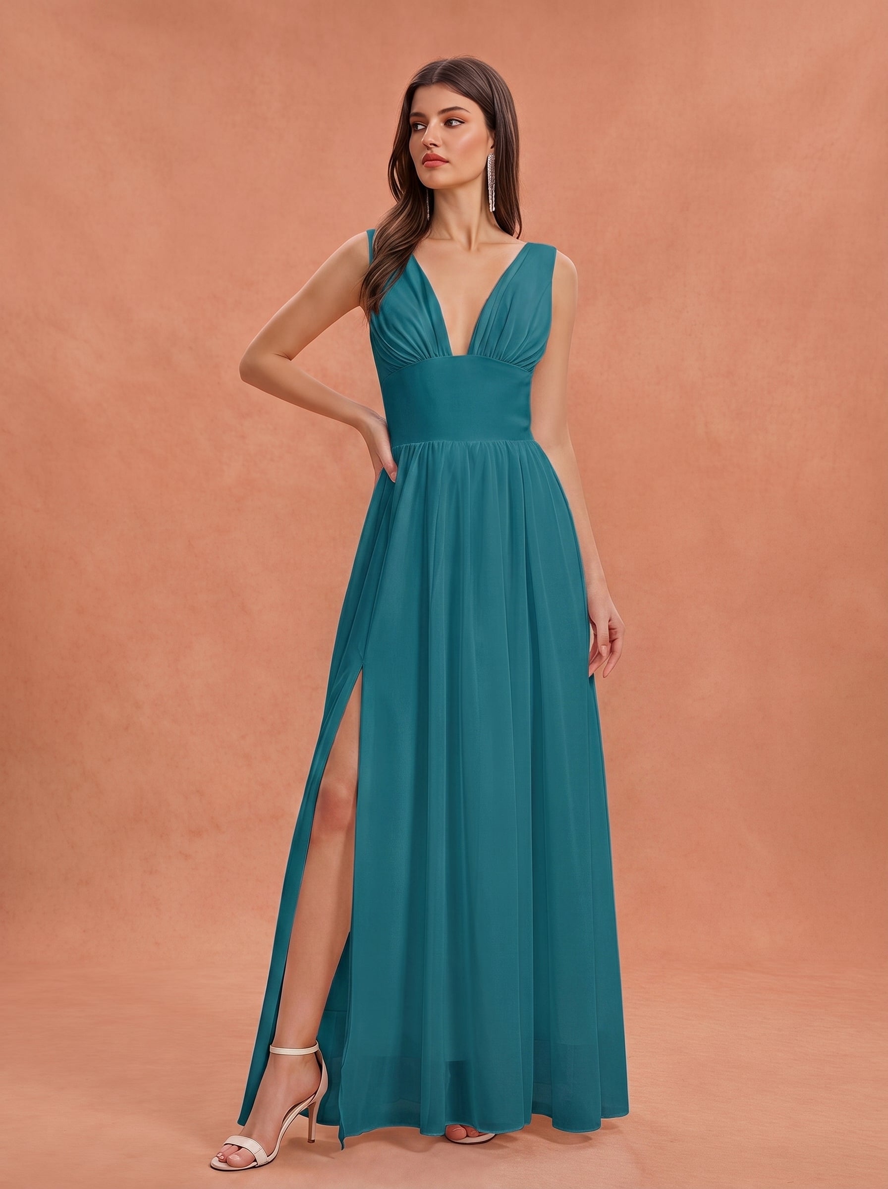 Ruched bust side slit Chiffon bridesmaid dress