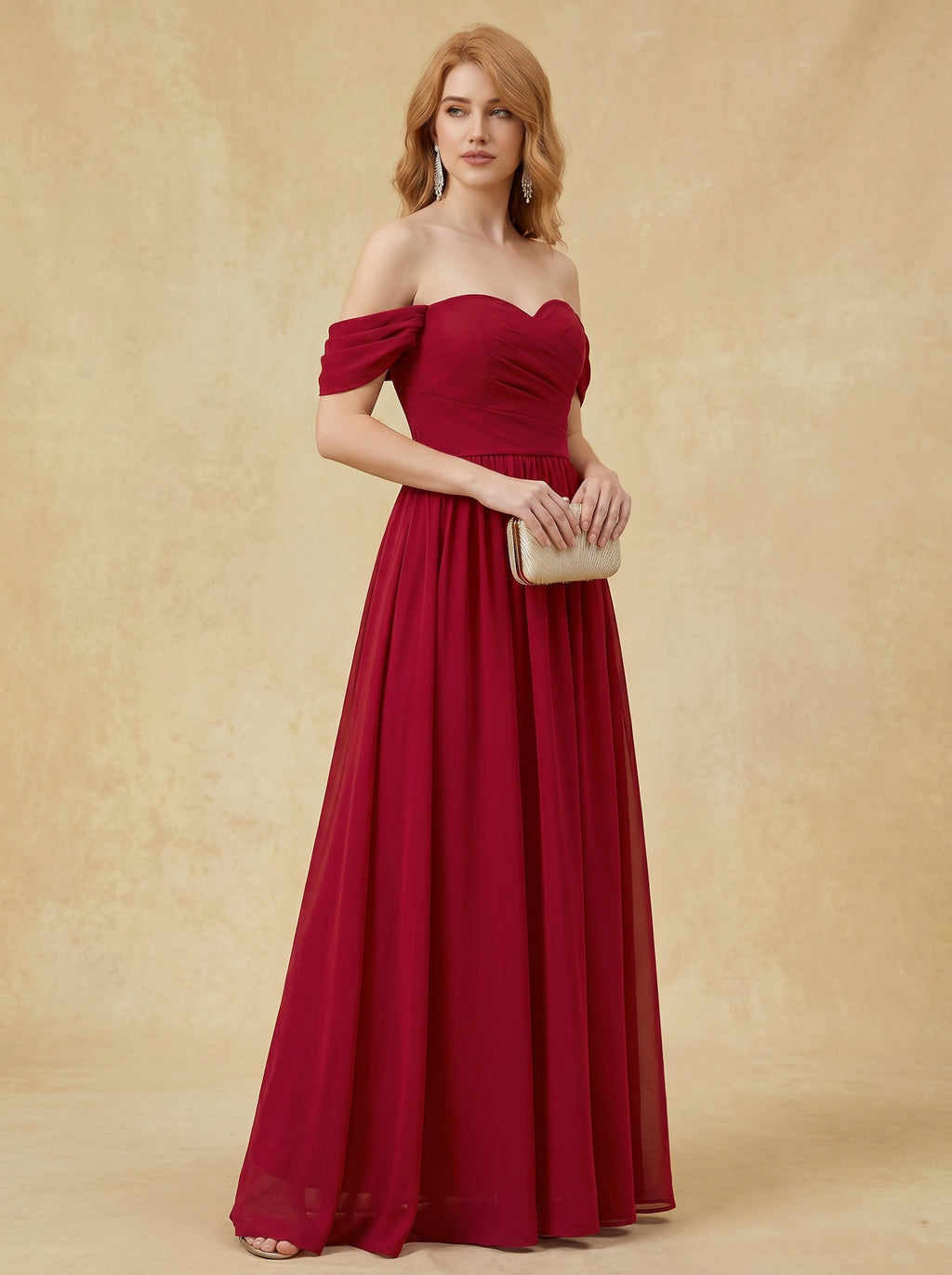Off shoulder ruched bust Chiffon bridesmaid dress