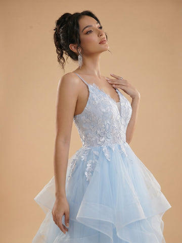 Irregular sequins appliques tulle prom dress