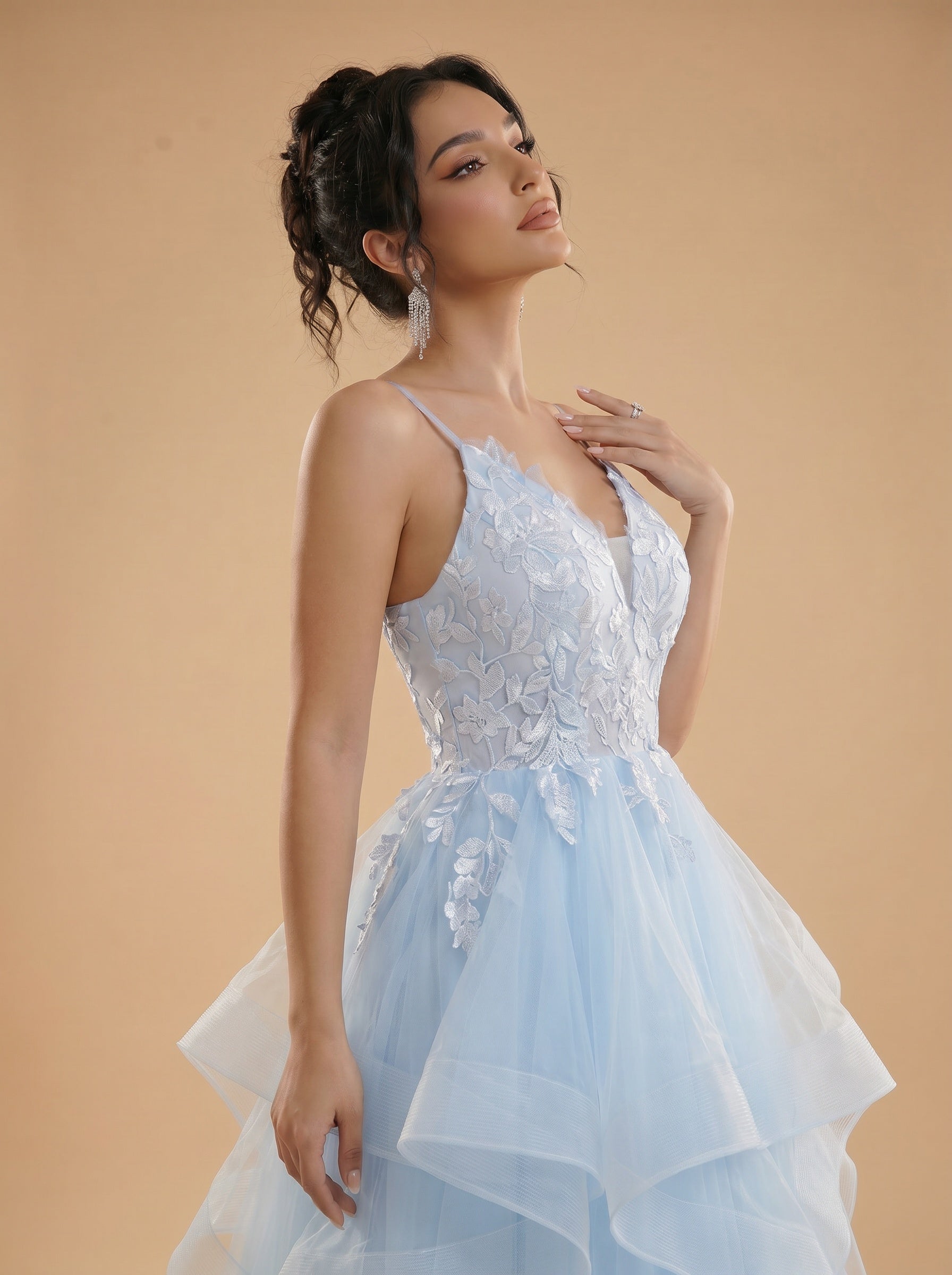 Irregular sequins appliques tulle prom dress