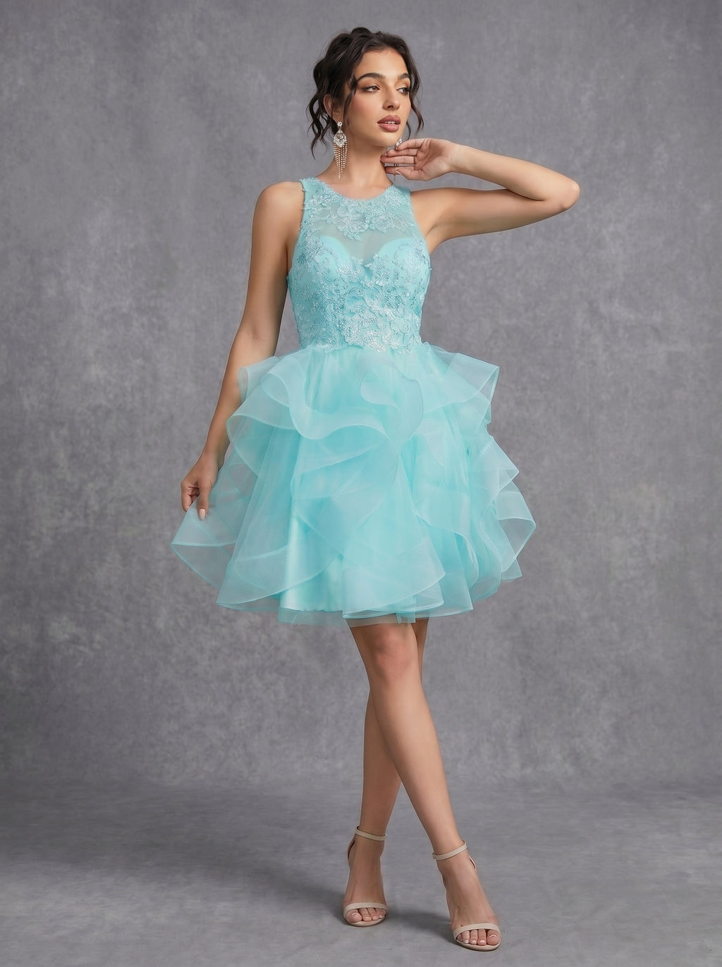 Irregular skirt layered sequins appliques tulle prom dress